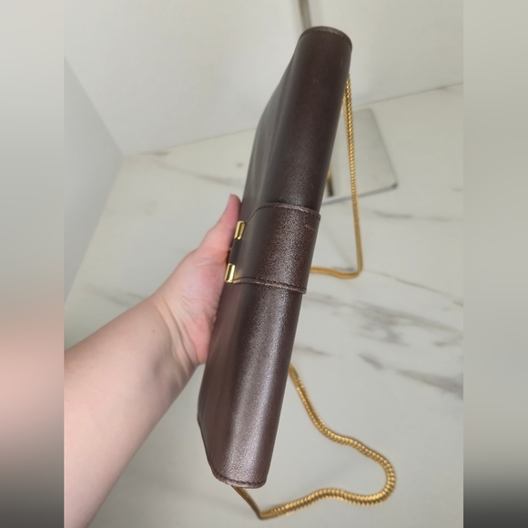 YSL Brown Leather Y-Ligne Clutch Pochette Shoulder Bag with Chain - Picture 11 of 12